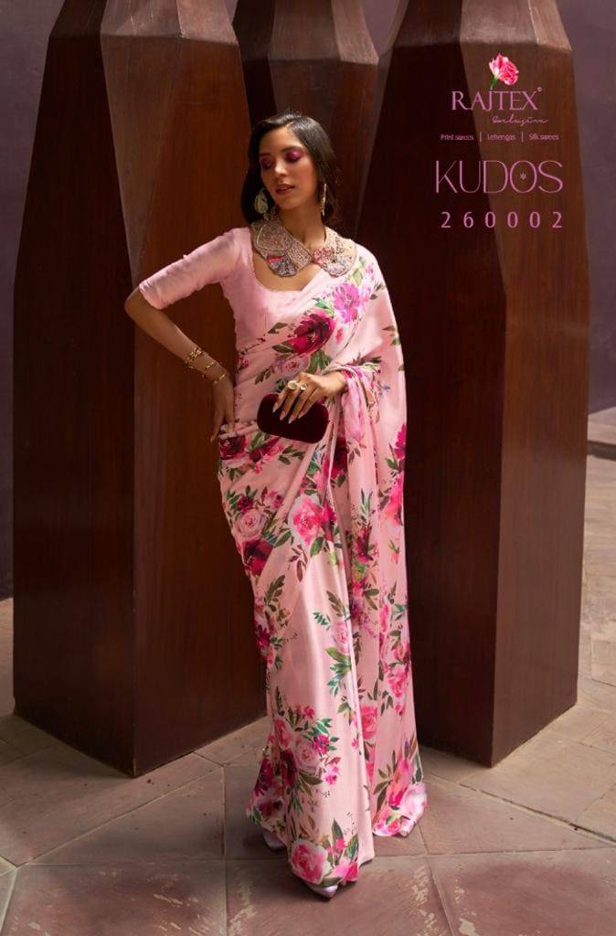 Kudos By Raj Tex 260001 To 260009 Series Indian Traditional Wear Collection Beautiful Stylish Fancy Colorful Party Wear & Occasional Wear Satin Crepe Sarees At Wholesale Price